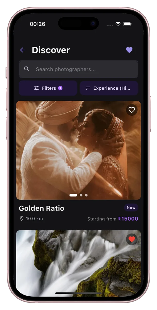Phone mockup showing photographer selection in dark mode