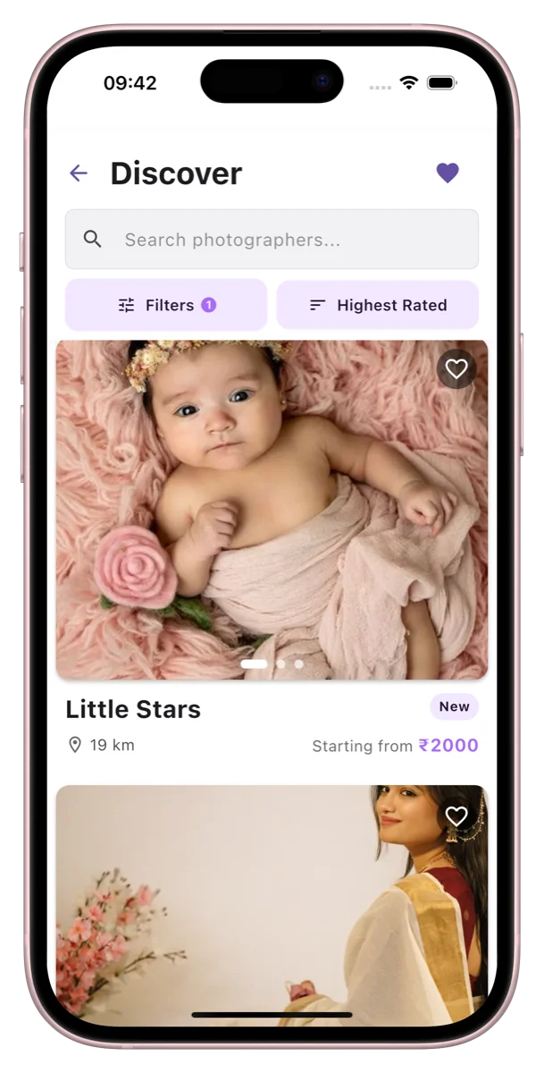 Phone mockup showing photographer selection in light mode