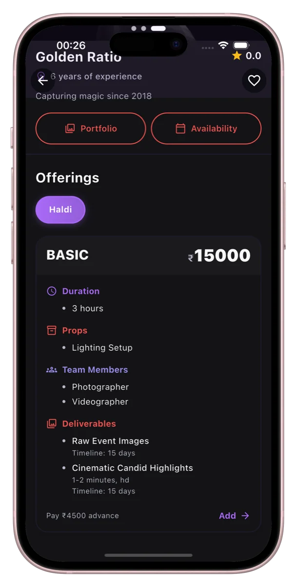 Phone mockup showing package details in dark mode