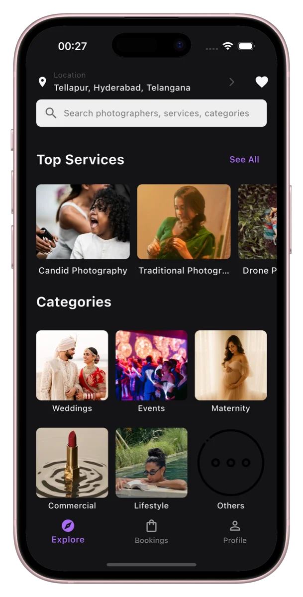 Phone mockup showing category selection in dark mode
